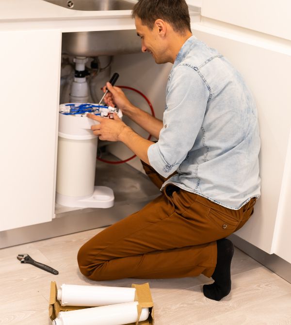 plumber installing water purification system