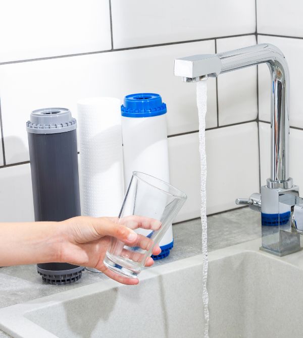 Water filters behind a hand getting tap water from a faucet