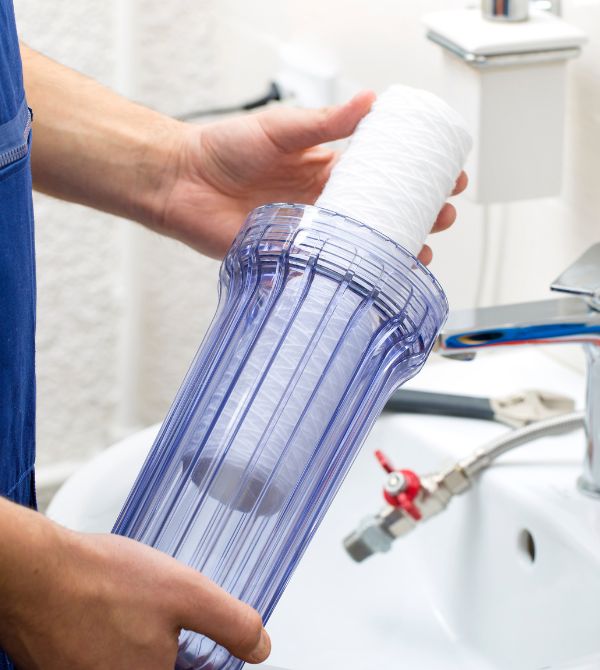 Plumber installing water filtration system
