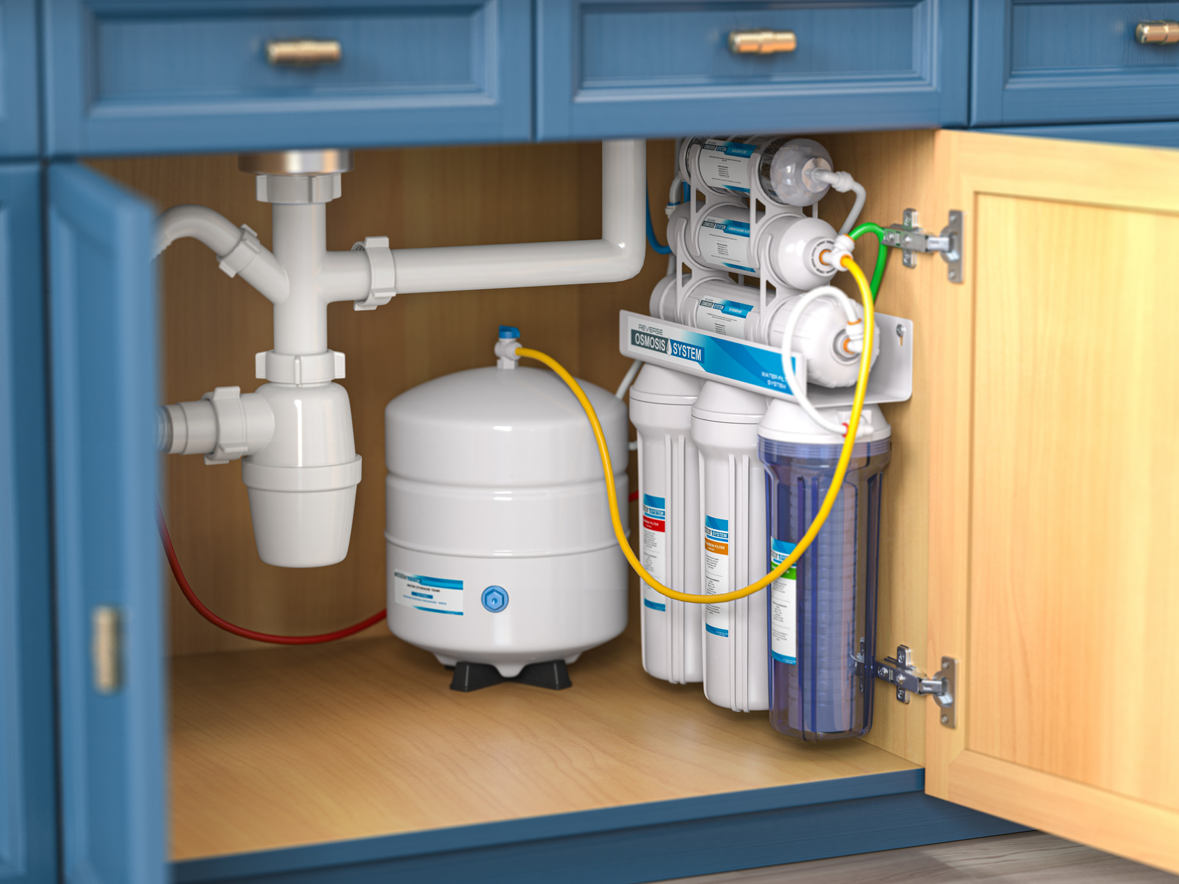 Reverse osmosis water purification system under sink in a kitchaen. Water cleaning system installation.